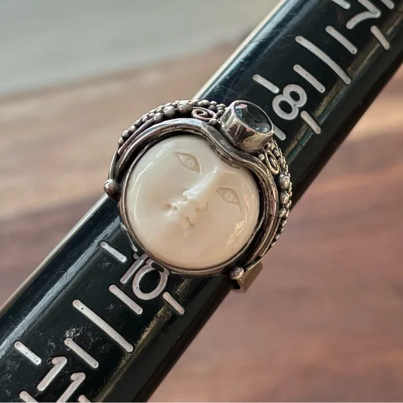 Sterling Silver and Carved White Bone Moon Face Ring Adjustable - Picture 6 of 8